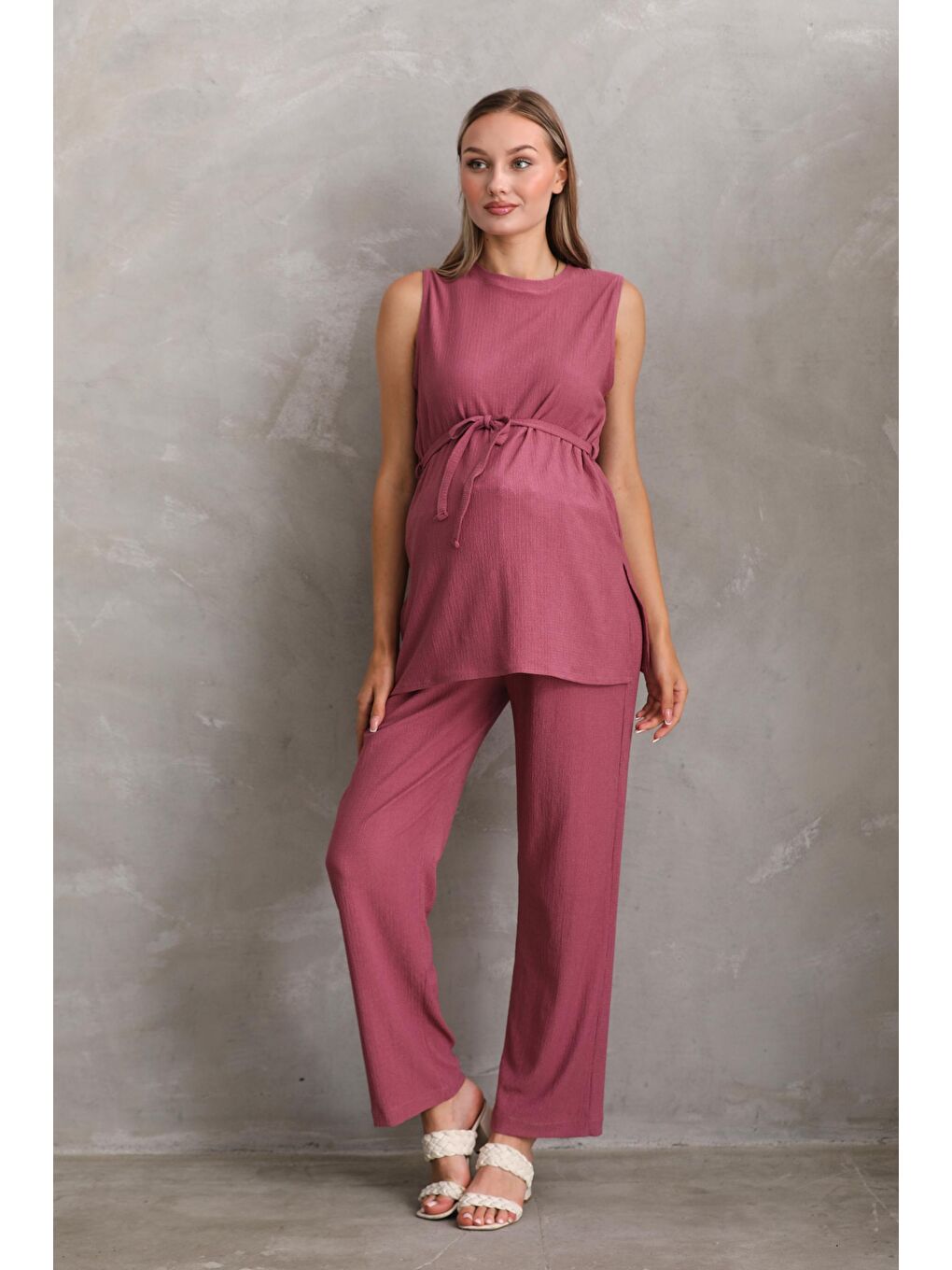 Pembe Gül Kurusu Önden Kuşak Detaylı Hamile ve Lohusa Kolsuz Alt - Üst Takım