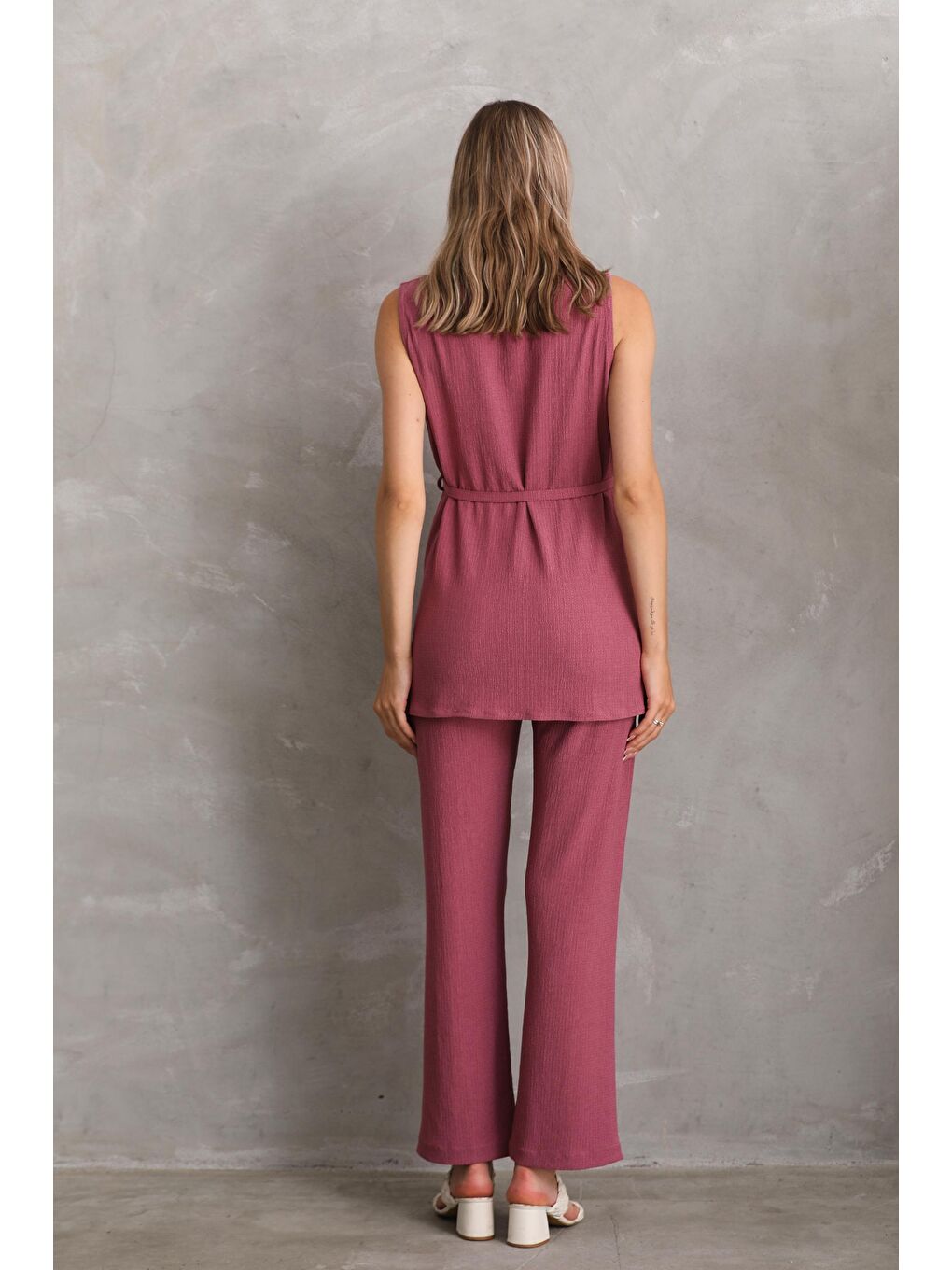 Pembe Gül Kurusu Önden Kuşak Detaylı Hamile ve Lohusa Kolsuz Alt - Üst Takım-1