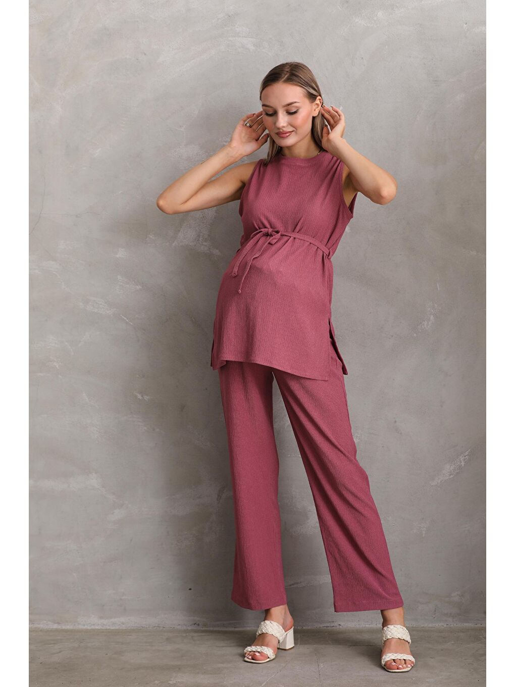 Pembe Gül Kurusu Önden Kuşak Detaylı Hamile ve Lohusa Kolsuz Alt - Üst Takım-2