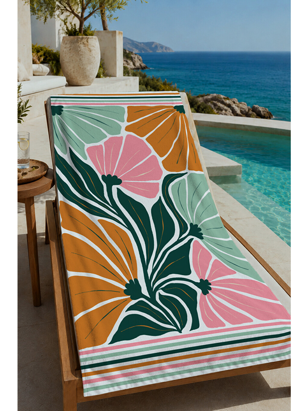 Yeşil Pembe Soyut Yaprak Desenli 70x150 Cm Dijital Baskılı Plaj Ve Banyo Havlusu