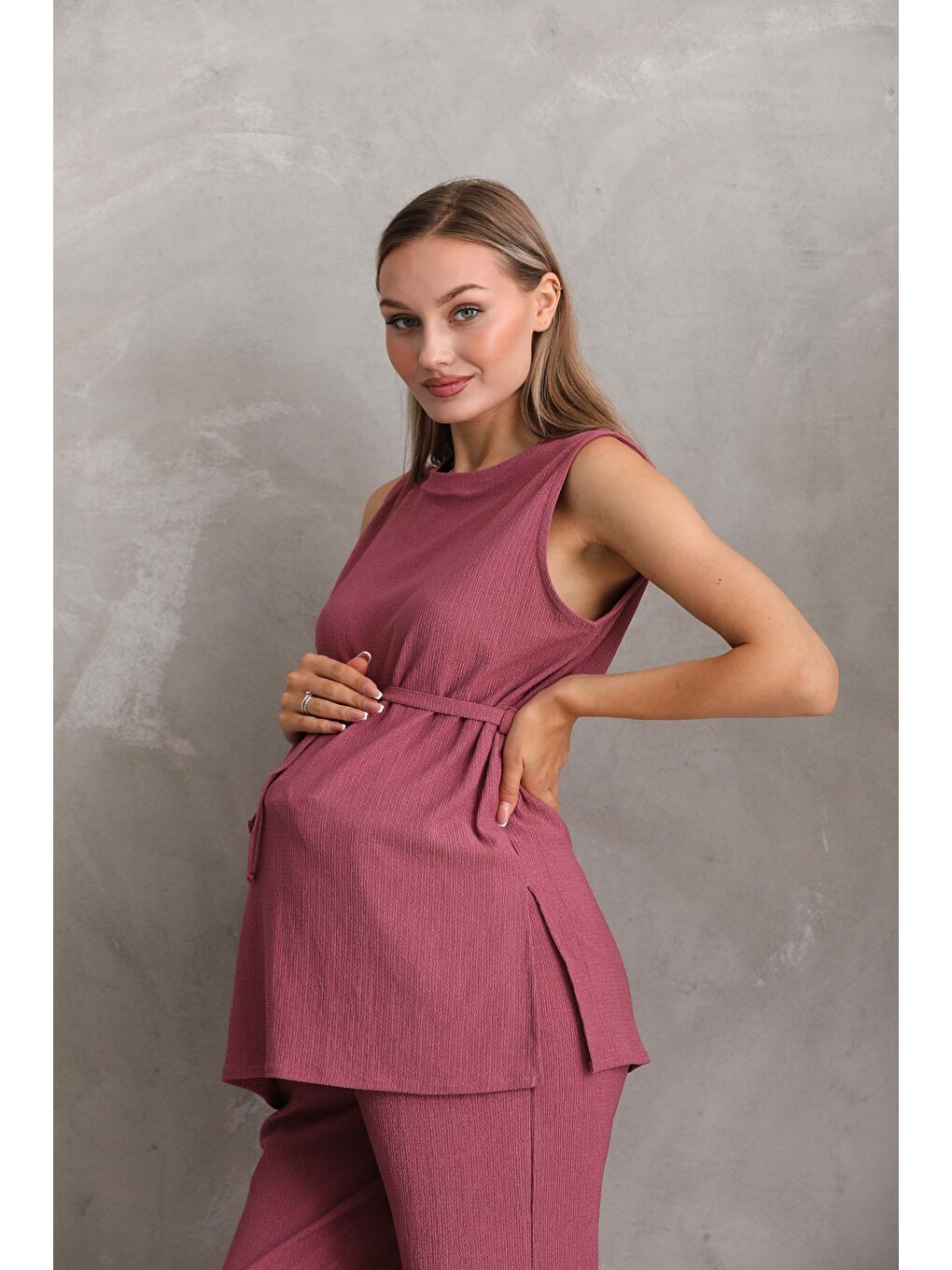 Pembe Gül Kurusu Önden Kuşak Detaylı Hamile ve Lohusa Kolsuz Alt - Üst Takım-3