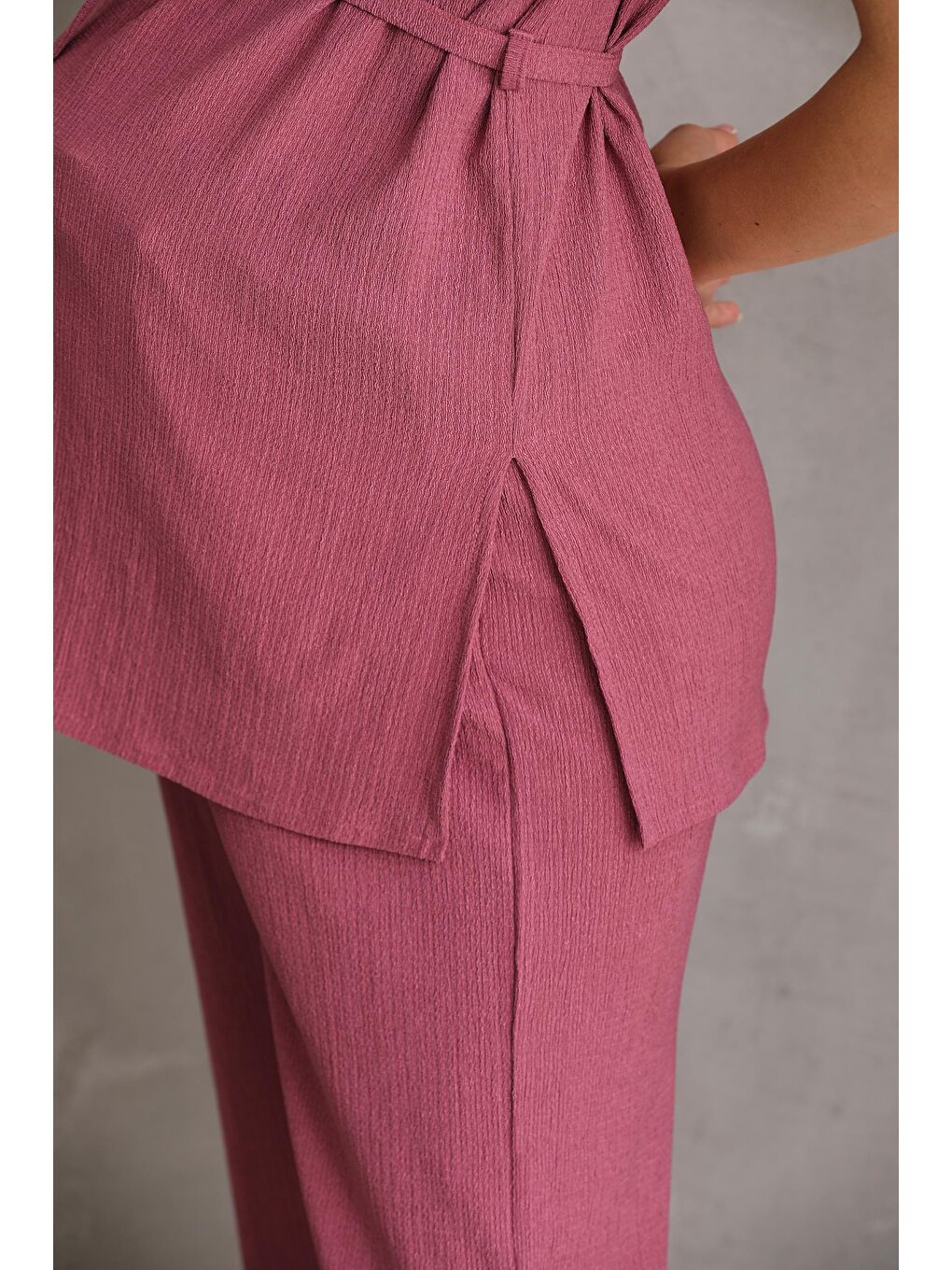 Pembe Gül Kurusu Önden Kuşak Detaylı Hamile ve Lohusa Kolsuz Alt - Üst Takım-4