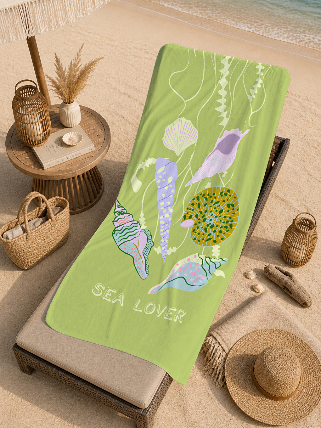 Yeşil Sea Lover Deniz Kabuğu Ve Balık Desenli 70x150 Cm Dijital Baskılı Plaj Ve Banyo Havlusu-4