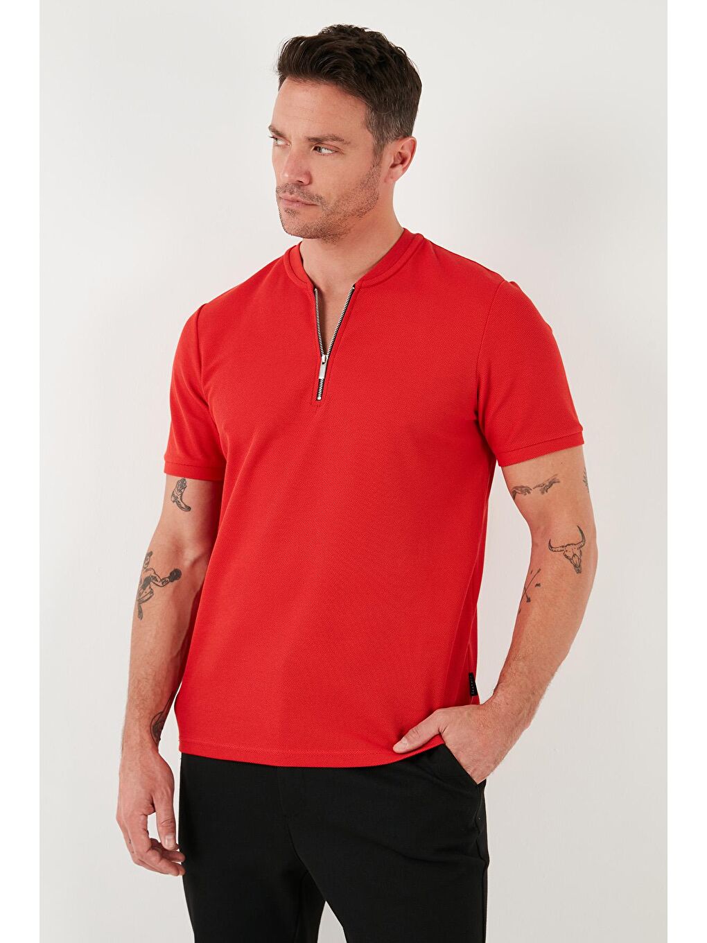 Buratti Kırmızı Pamuklu Regular Fit Yarım Fermuarlı T Shirt 5902653 - 3