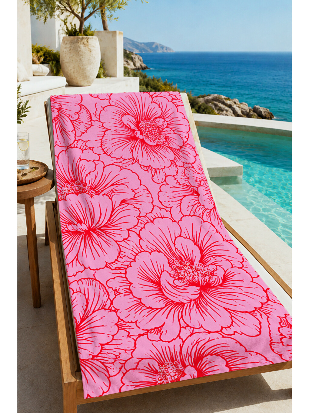 Modern Mercan Pembe Çizgisel Çiçek Desenli 70x150 Plaj Havlusu - Dijital Baskılı Banyo Havlusu