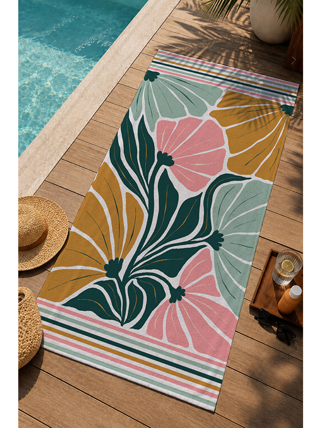 Yeşil Pembe Soyut Yaprak Desenli 70x150 Cm Dijital Baskılı Plaj Ve Banyo Havlusu-2