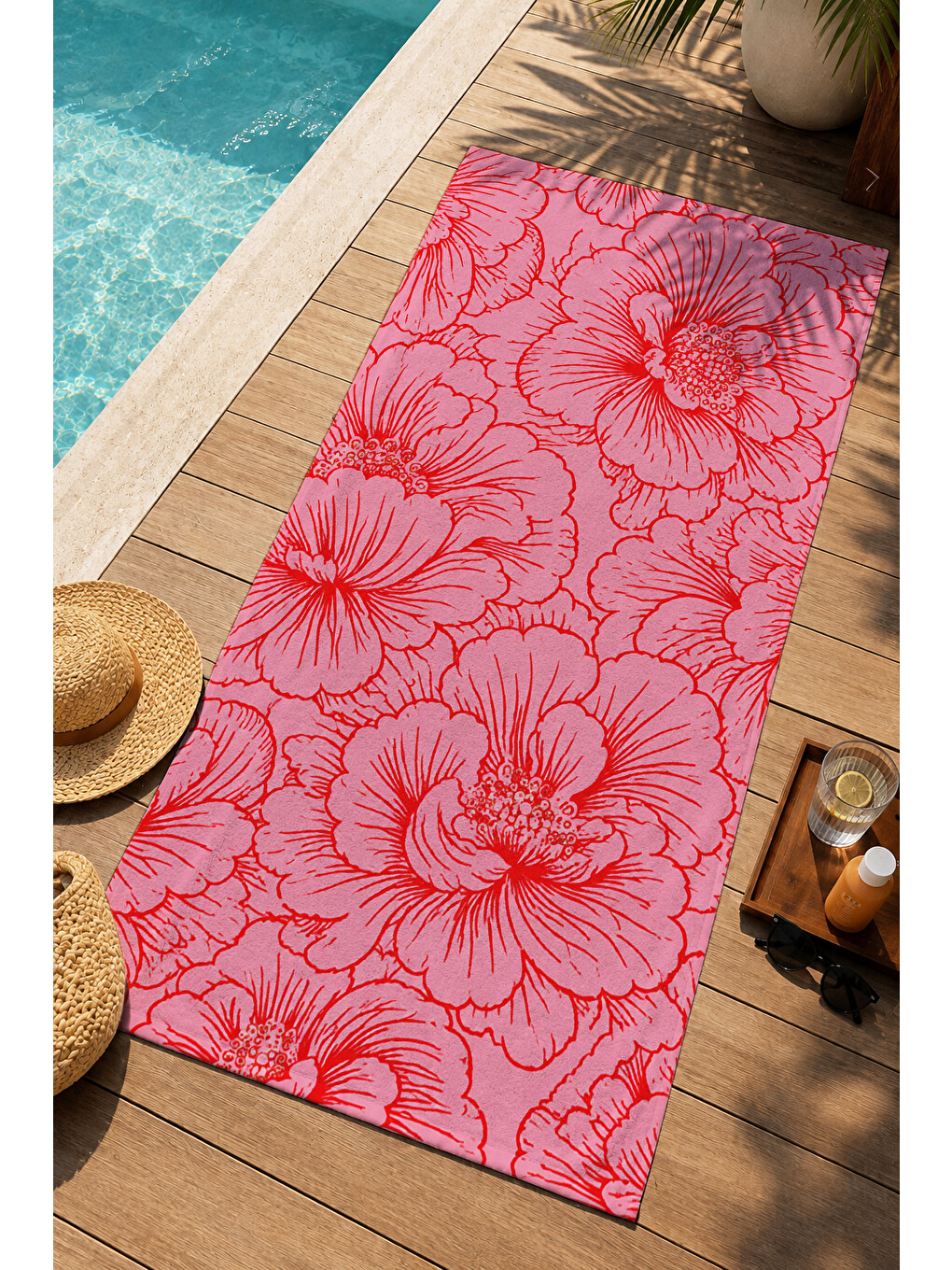 Modern Mercan Pembe Çizgisel Çiçek Desenli 70x150 Plaj Havlusu - Dijital Baskılı Banyo Havlusu-2