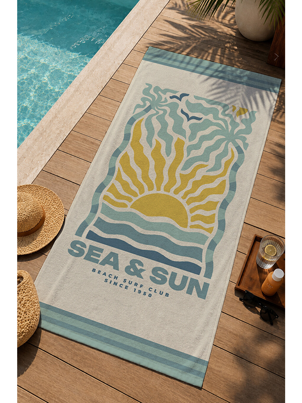 Mavi Sarı Sea And Sun Dalga Desenli 70x150 Cm Dijital Baskılı Plaj Ve Banyo Havlusu-2