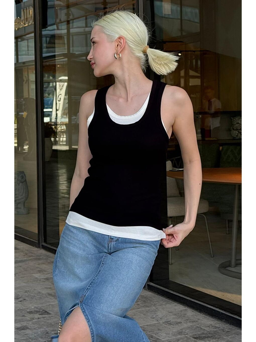 Siyah Çift Kat Görünümlü Kadın Atlet Mg2558-1