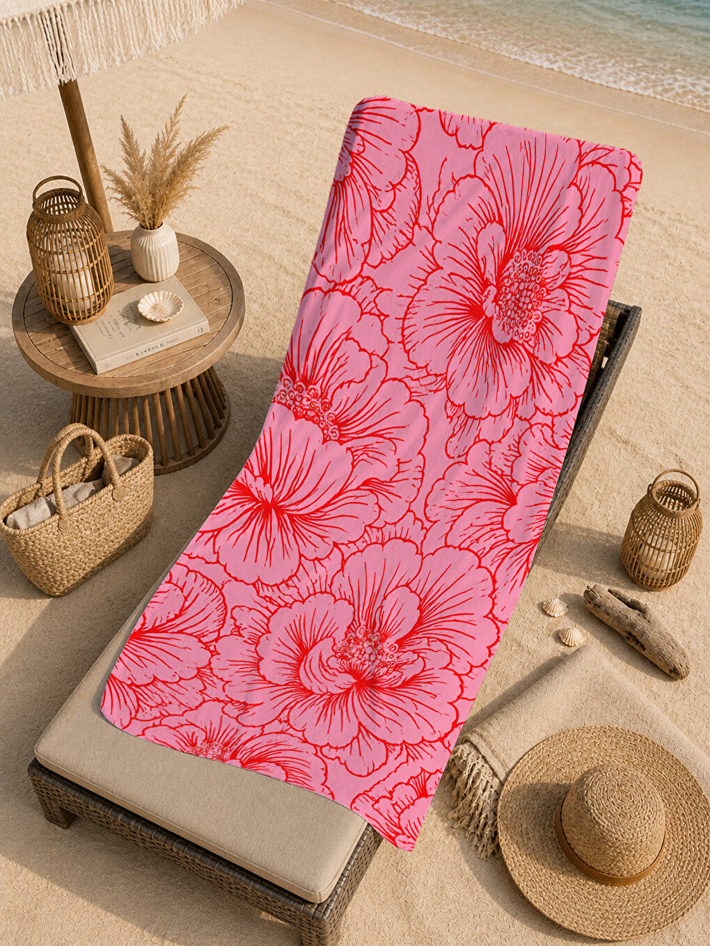 Modern Mercan Pembe Çizgisel Çiçek Desenli 70x150 Plaj Havlusu - Dijital Baskılı Banyo Havlusu-3