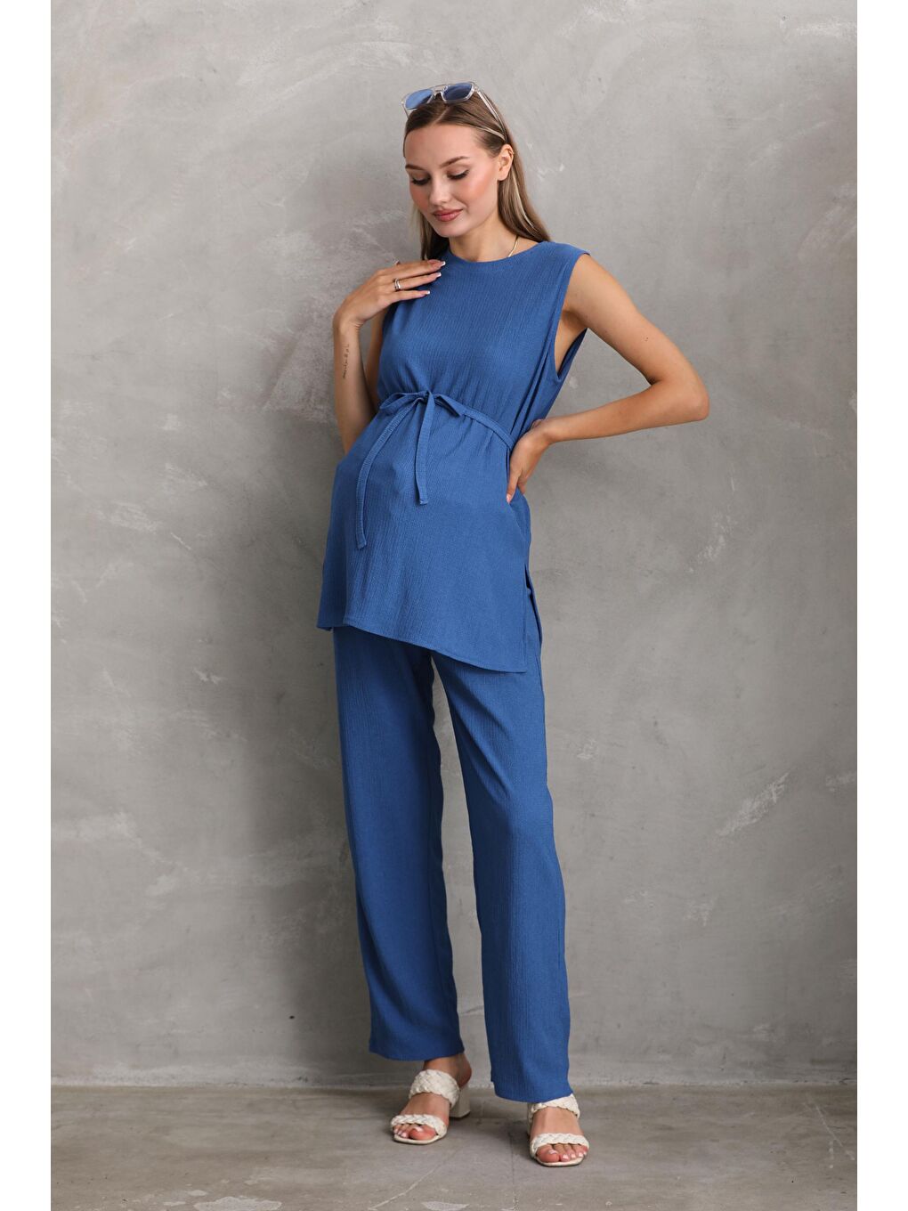 Saks Mavi Önden Kuşak Detaylı Hamile ve Lohusa Kolsuz Alt - Üst Takım
