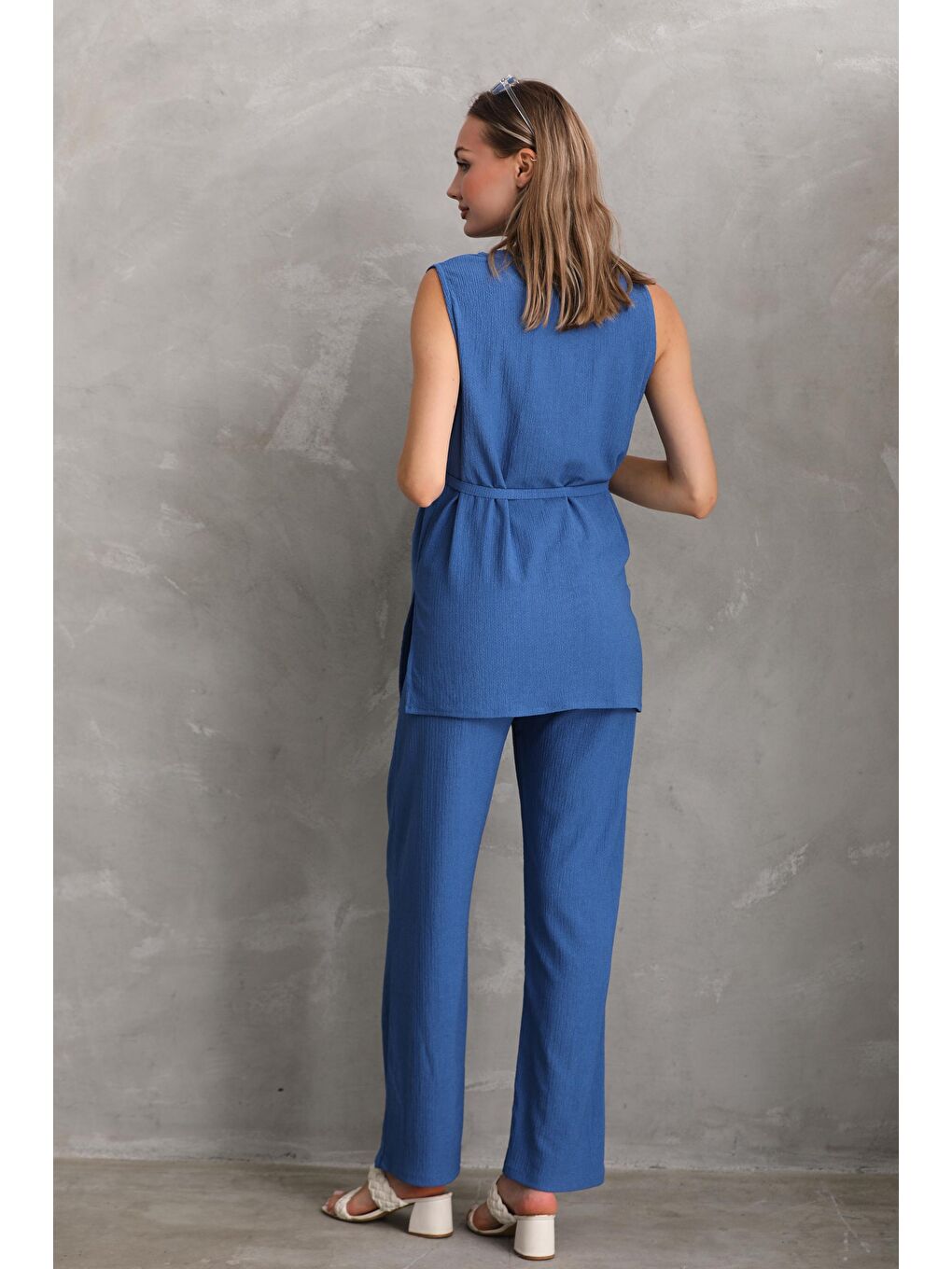 Saks Mavi Önden Kuşak Detaylı Hamile ve Lohusa Kolsuz Alt - Üst Takım-1