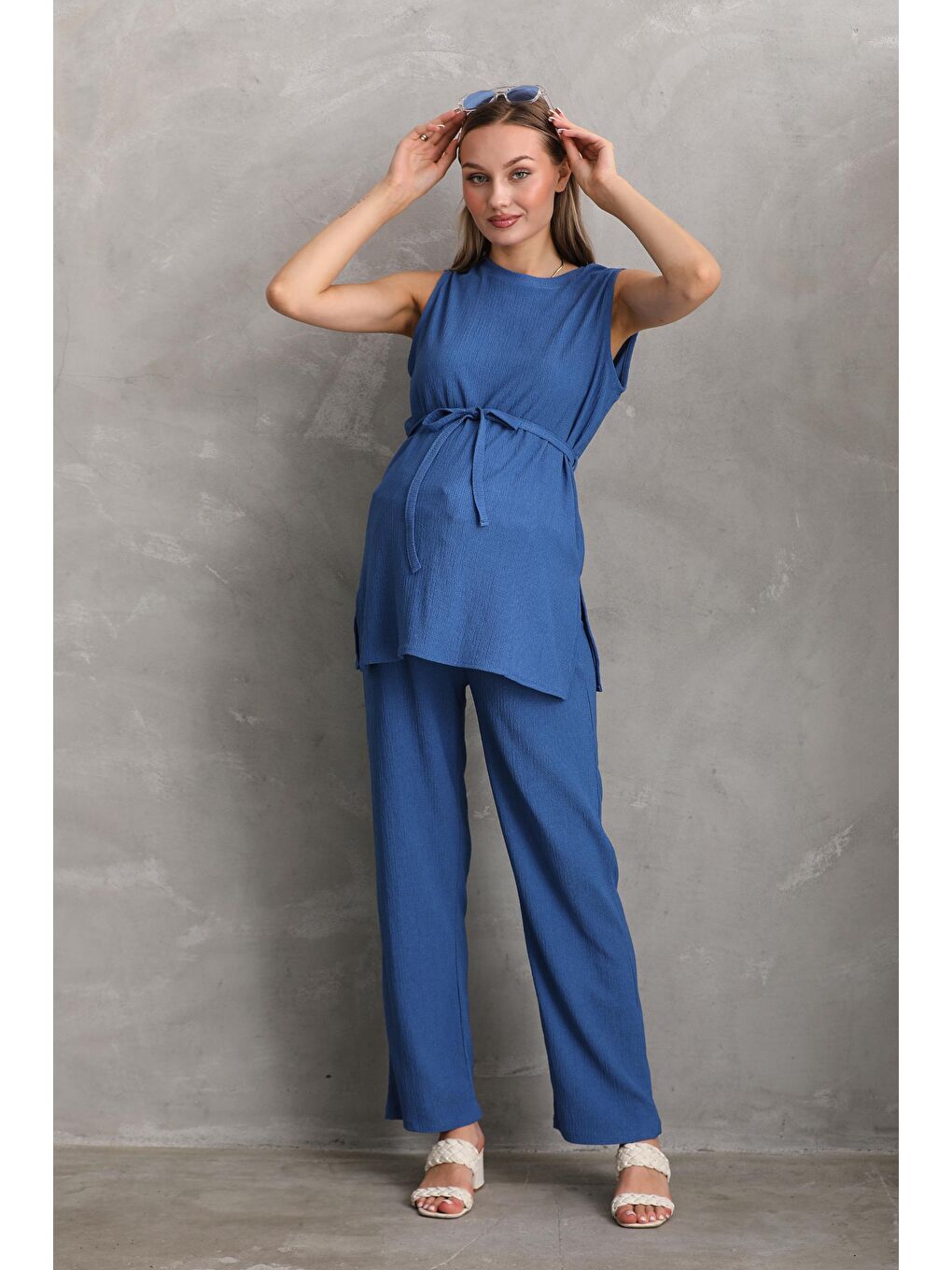 Saks Mavi Önden Kuşak Detaylı Hamile ve Lohusa Kolsuz Alt - Üst Takım-2