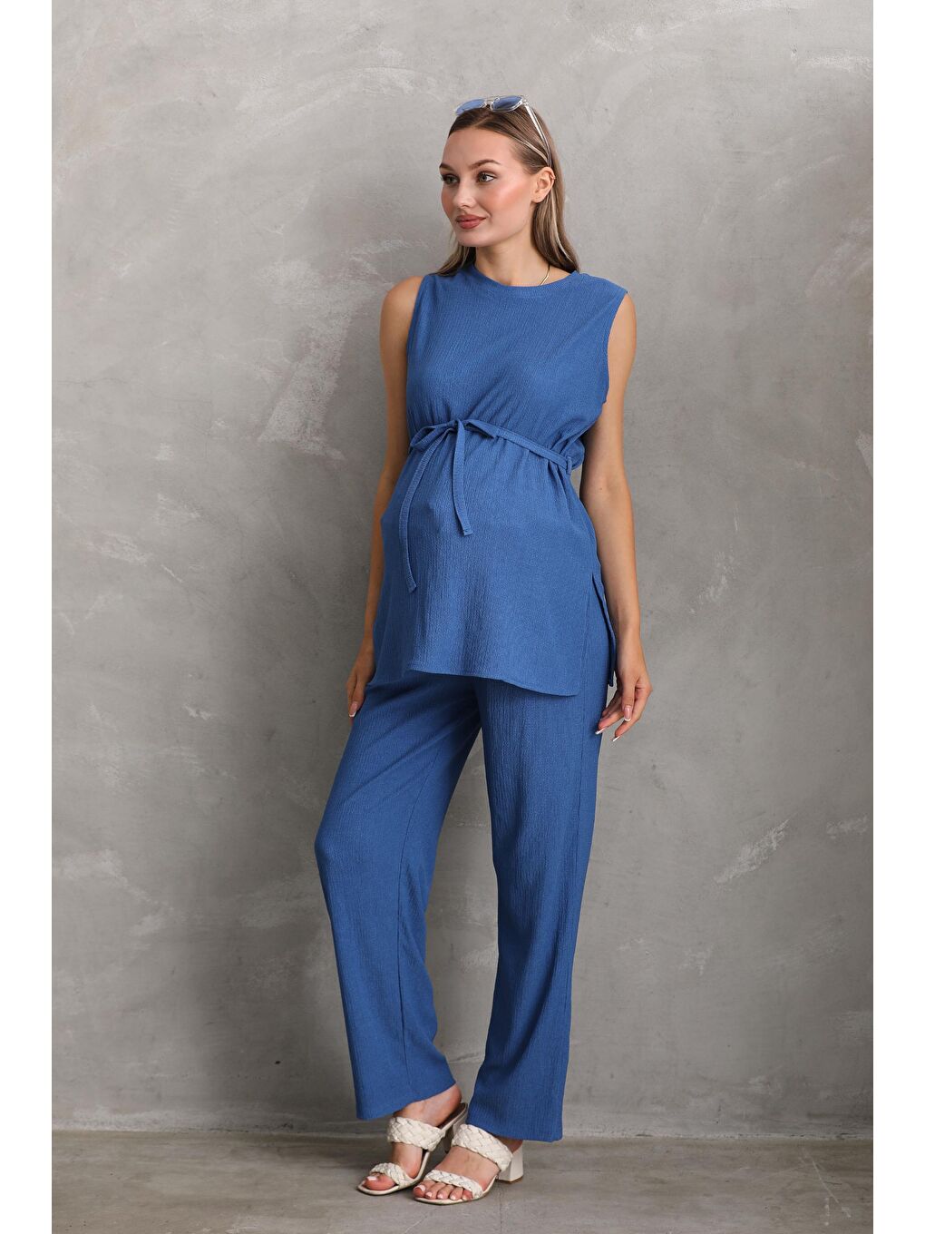 Saks Mavi Önden Kuşak Detaylı Hamile ve Lohusa Kolsuz Alt - Üst Takım-3