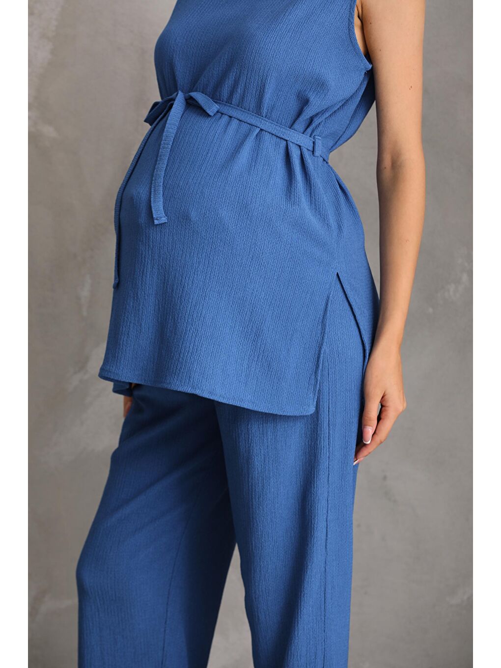 Saks Mavi Önden Kuşak Detaylı Hamile ve Lohusa Kolsuz Alt - Üst Takım-4