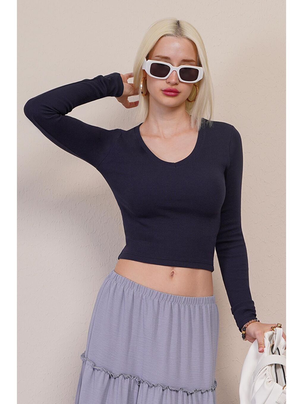 Lacivert V Yaka Uzun Kollu Kaşkorse Body Mg2192-5