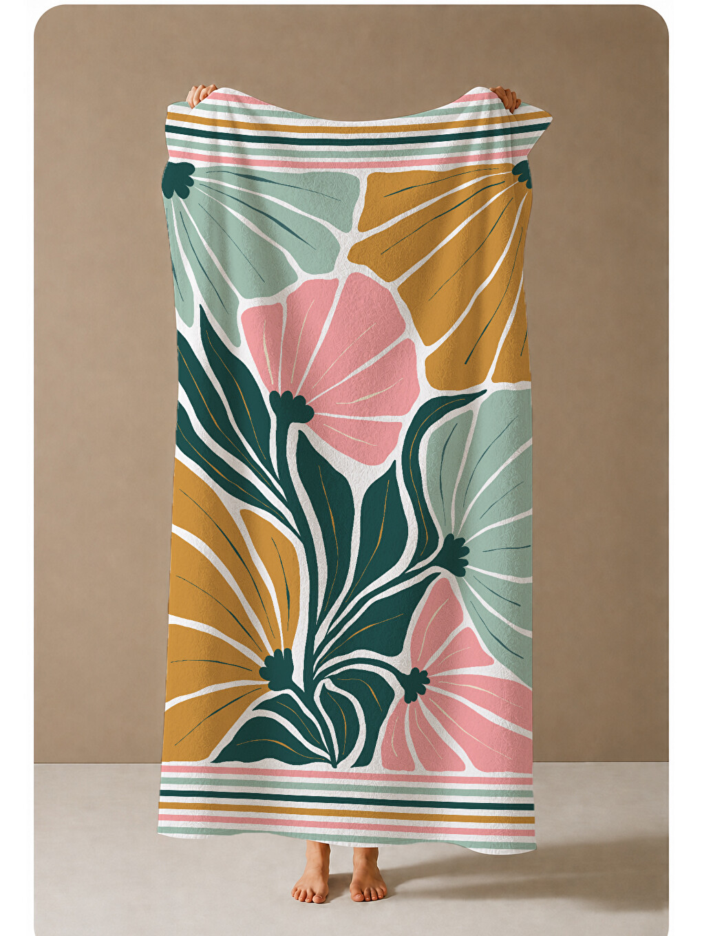 Yeşil Pembe Soyut Yaprak Desenli 70x150 Cm Dijital Baskılı Plaj Ve Banyo Havlusu-3