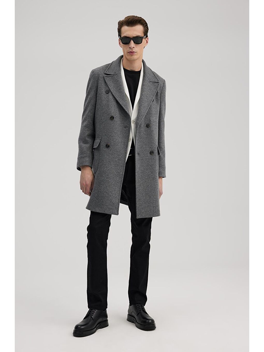 Gri Comfort Fit Kruvaze Yünlü Kaban