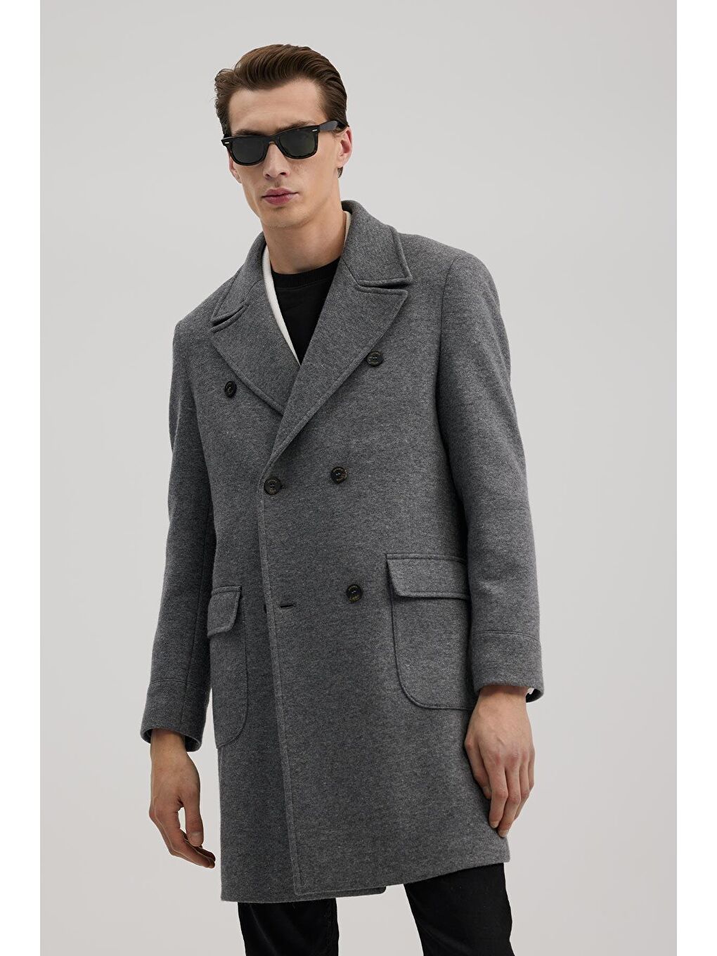 Gri Comfort Fit Kruvaze Yünlü Kaban-1