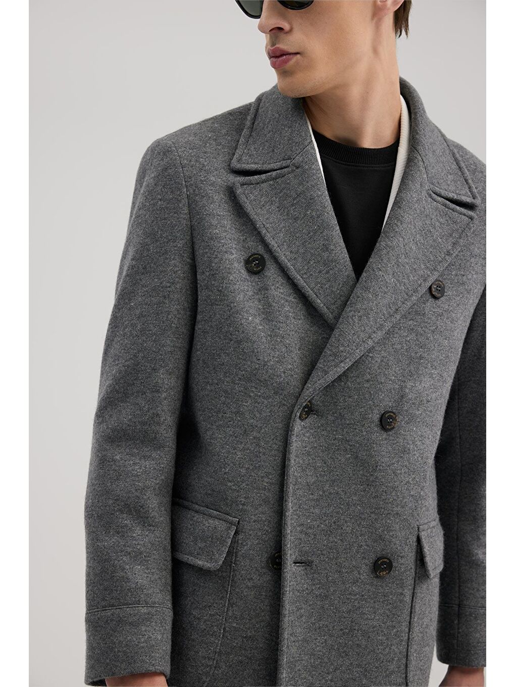 Gri Comfort Fit Kruvaze Yünlü Kaban-2