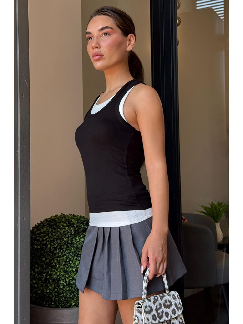 Siyah Çift Kat Görünümlü Kadın Atlet Mg2558-2