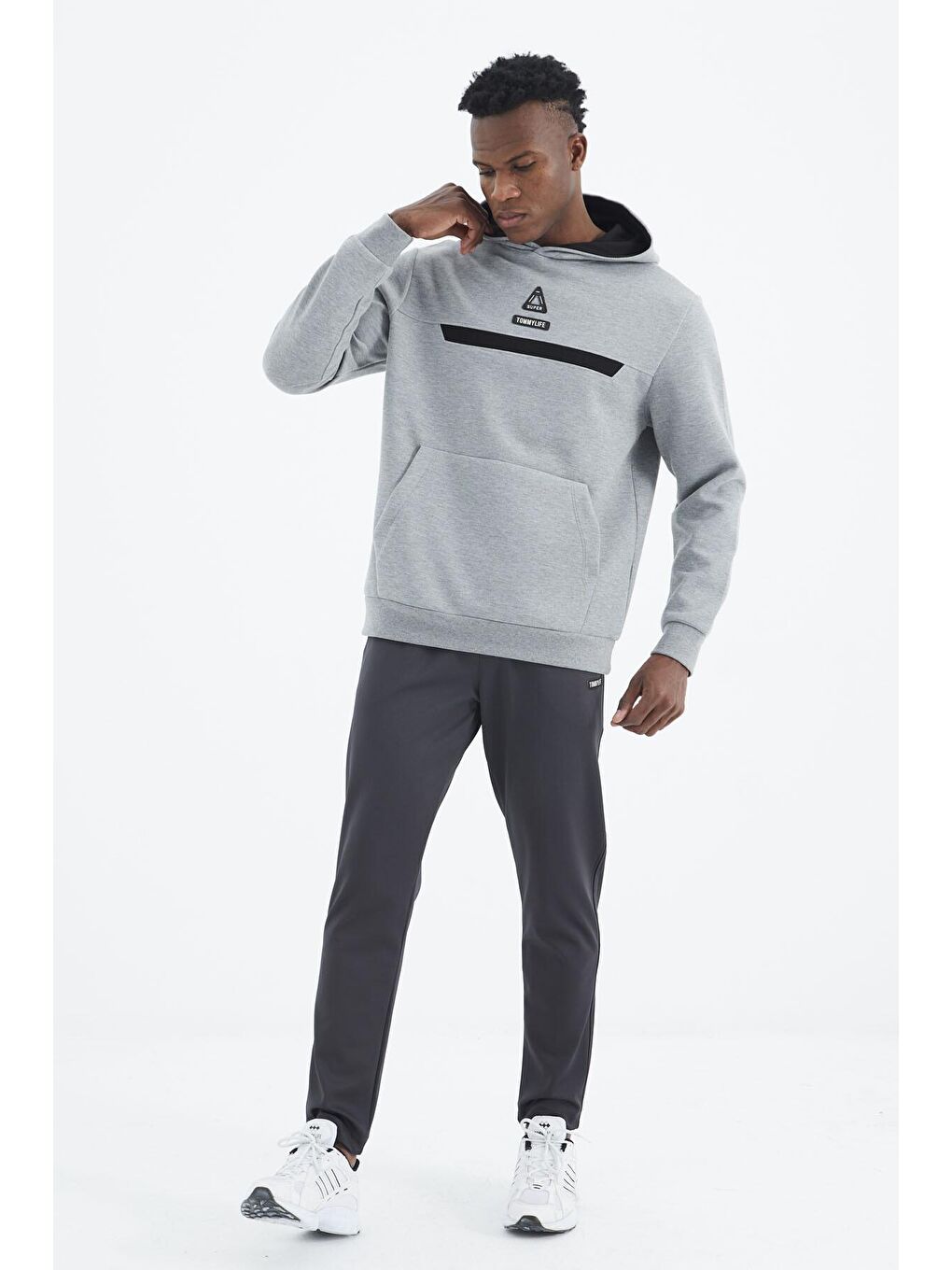 TOMMYLIFE Gri Melanj Kapüşonlu Baskı Detaylı Rahat Kalıp Erkek Sweatshirt - 88296 - 2