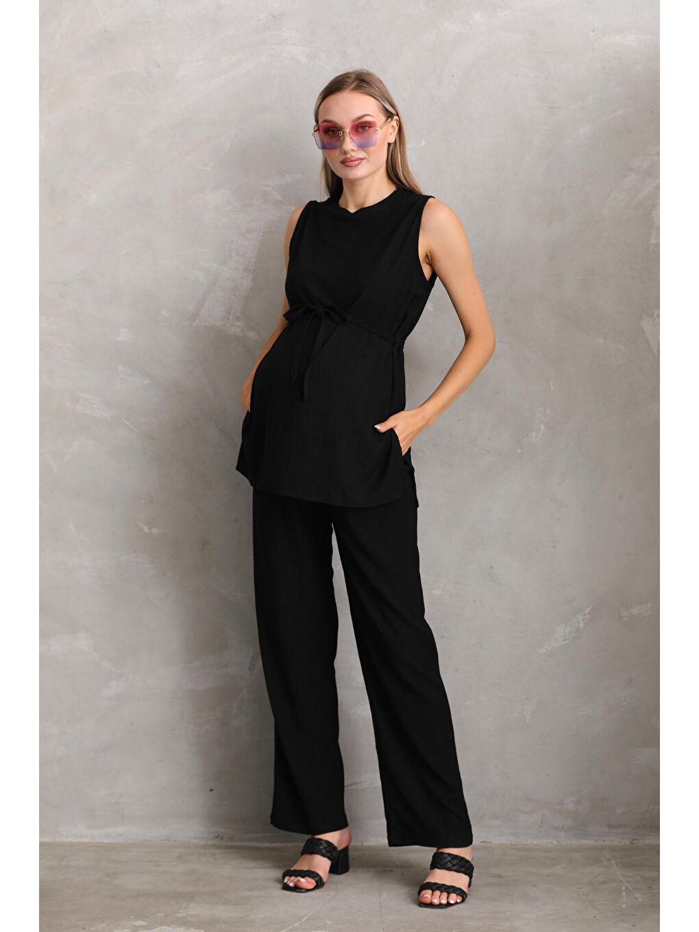 Siyah Önden Kuşak Detaylı Hamile ve Lohusa Kolsuz Alt - Üst Takım