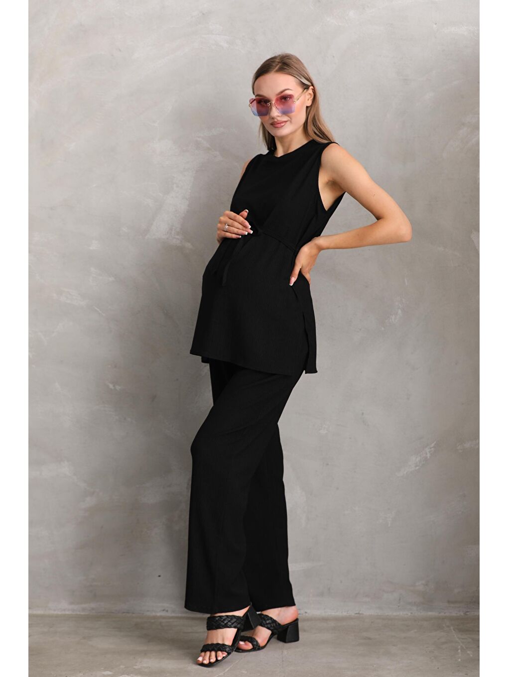 Siyah Önden Kuşak Detaylı Hamile ve Lohusa Kolsuz Alt - Üst Takım-1