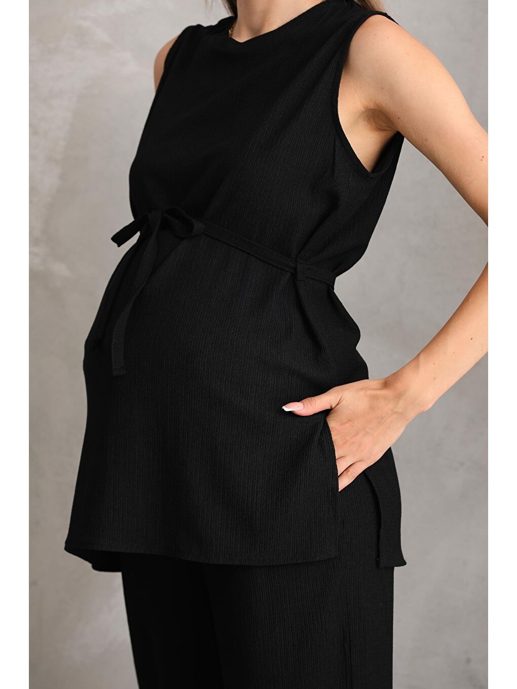 Siyah Önden Kuşak Detaylı Hamile ve Lohusa Kolsuz Alt - Üst Takım-3