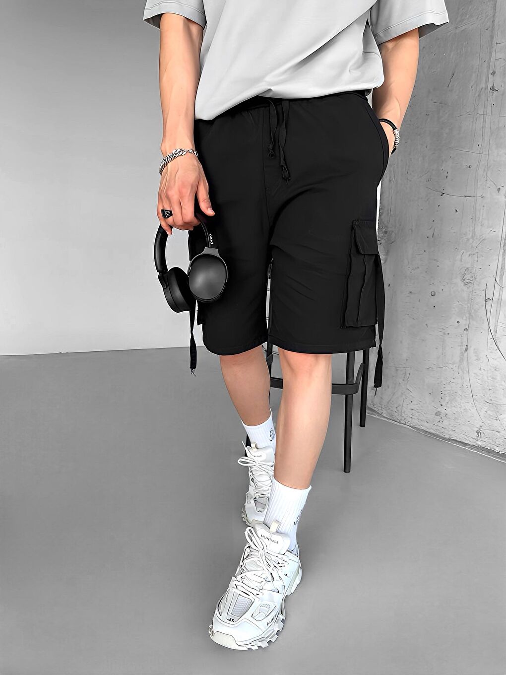 Erkek Baggy Fit Kargo Şort Siyah