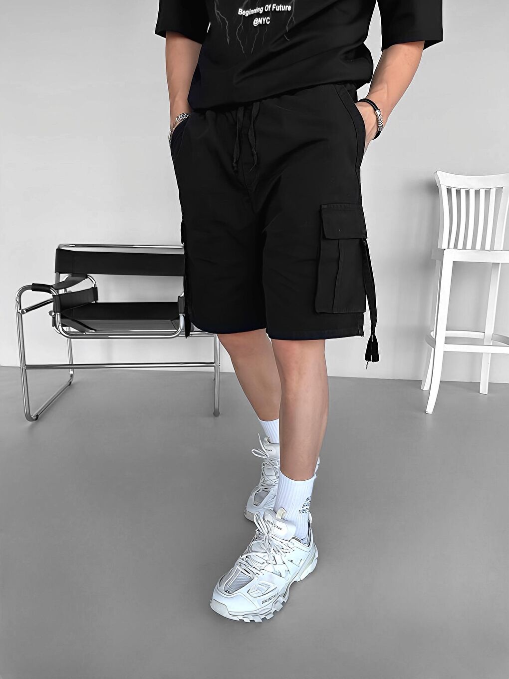 Erkek Baggy Fit Kargo Şort Siyah-1