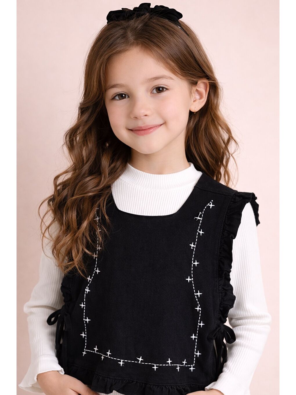 Siyah Geniş Paça Pantolonlu Taş Detaylı 3lü Kız Çocuk Jean Takım 23739-2