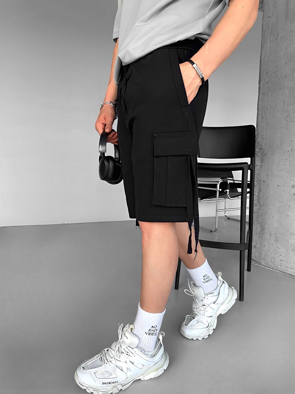 Erkek Baggy Fit Kargo Şort Siyah-2