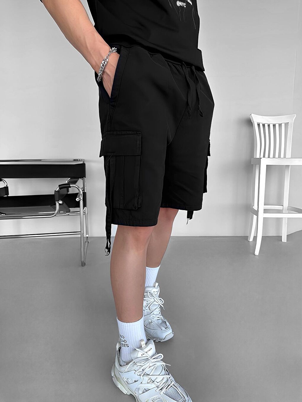 Erkek Baggy Fit Kargo Şort Siyah-3