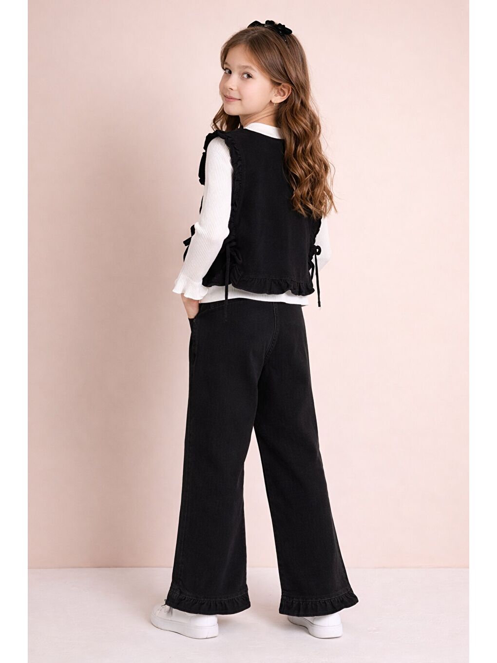 Siyah Geniş Paça Pantolonlu Taş Detaylı 3lü Kız Çocuk Jean Takım 23739-3