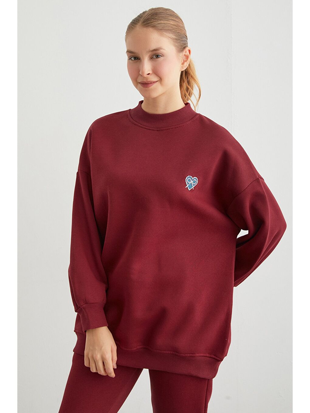 Bordo 3 İplik Kurdele Taş İşlemeli Oversize Sweatshirt