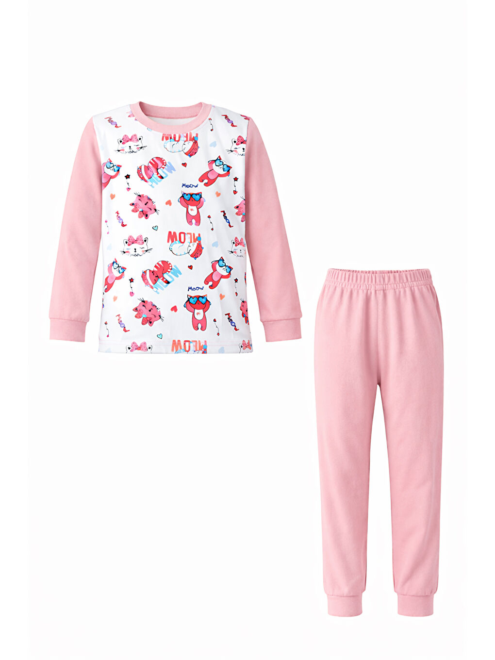 Kız Çocuk Pamuklu Desenli Pijama Takımı 6068-04 Pembe-1