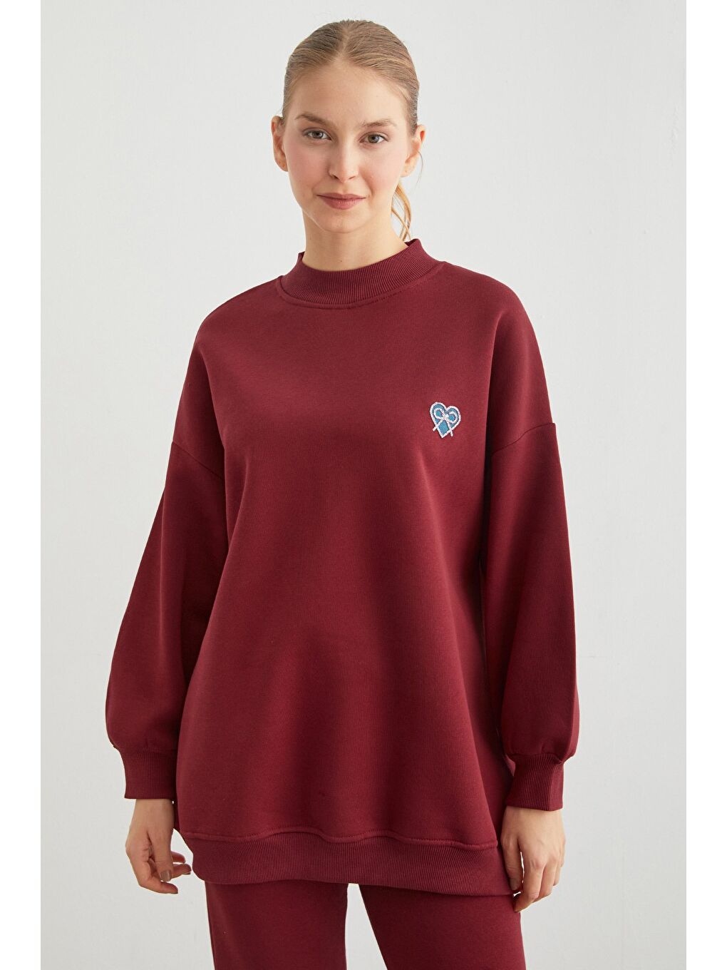 Bordo 3 İplik Kurdele Taş İşlemeli Oversize Sweatshirt-1