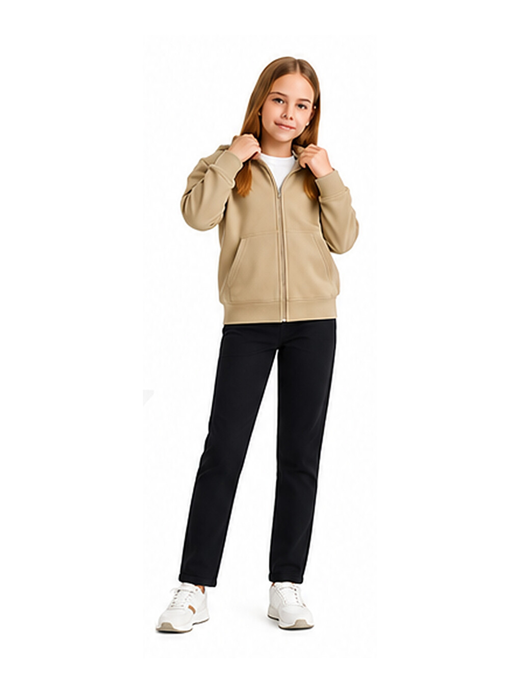 Bej Kız Çocuk Basic Fermuarlı Kalın 3 İplik Kışlık Okul Sweat Ak264495