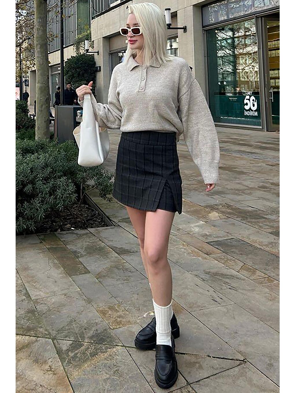 Antrasit Ekoseli Kadın Şort Etek Mg2316