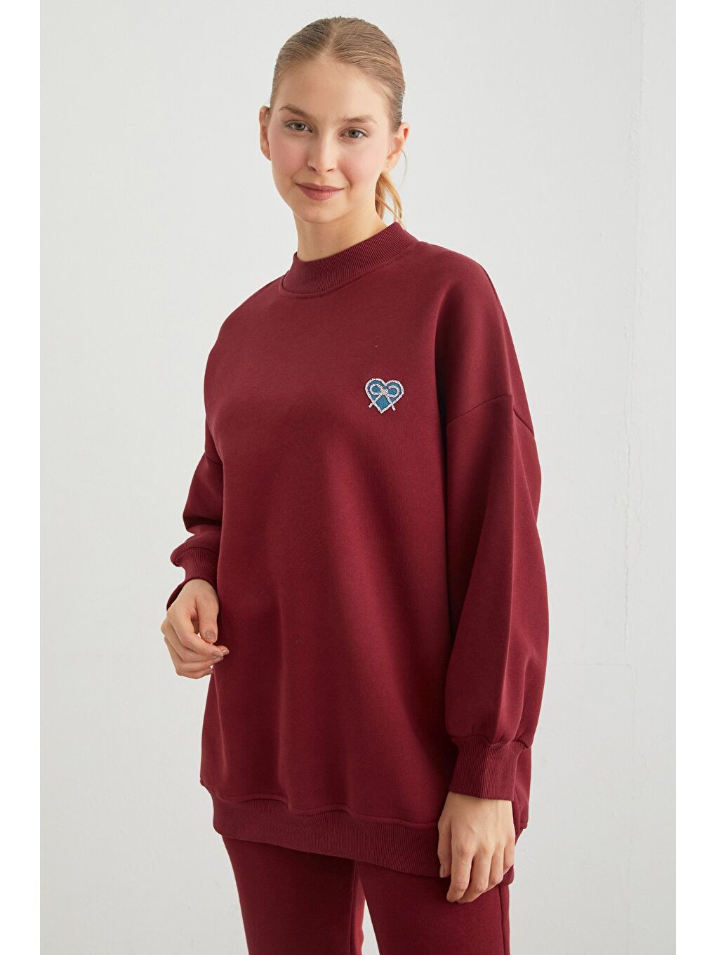 Bordo 3 İplik Kurdele Taş İşlemeli Oversize Sweatshirt-2