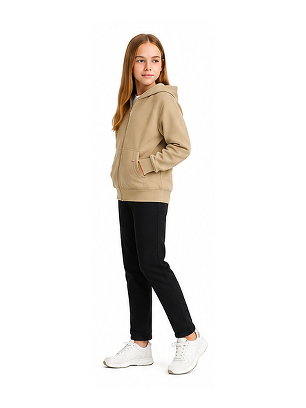 Bej Kız Çocuk Basic Fermuarlı Kalın 3 İplik Kışlık Okul Sweat Ak264495-1
