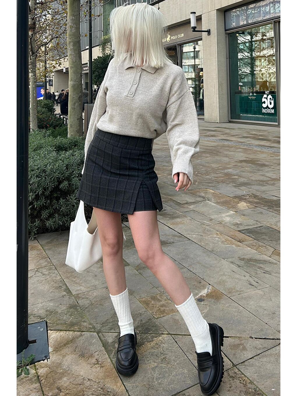 Antrasit Ekoseli Kadın Şort Etek Mg2316-2