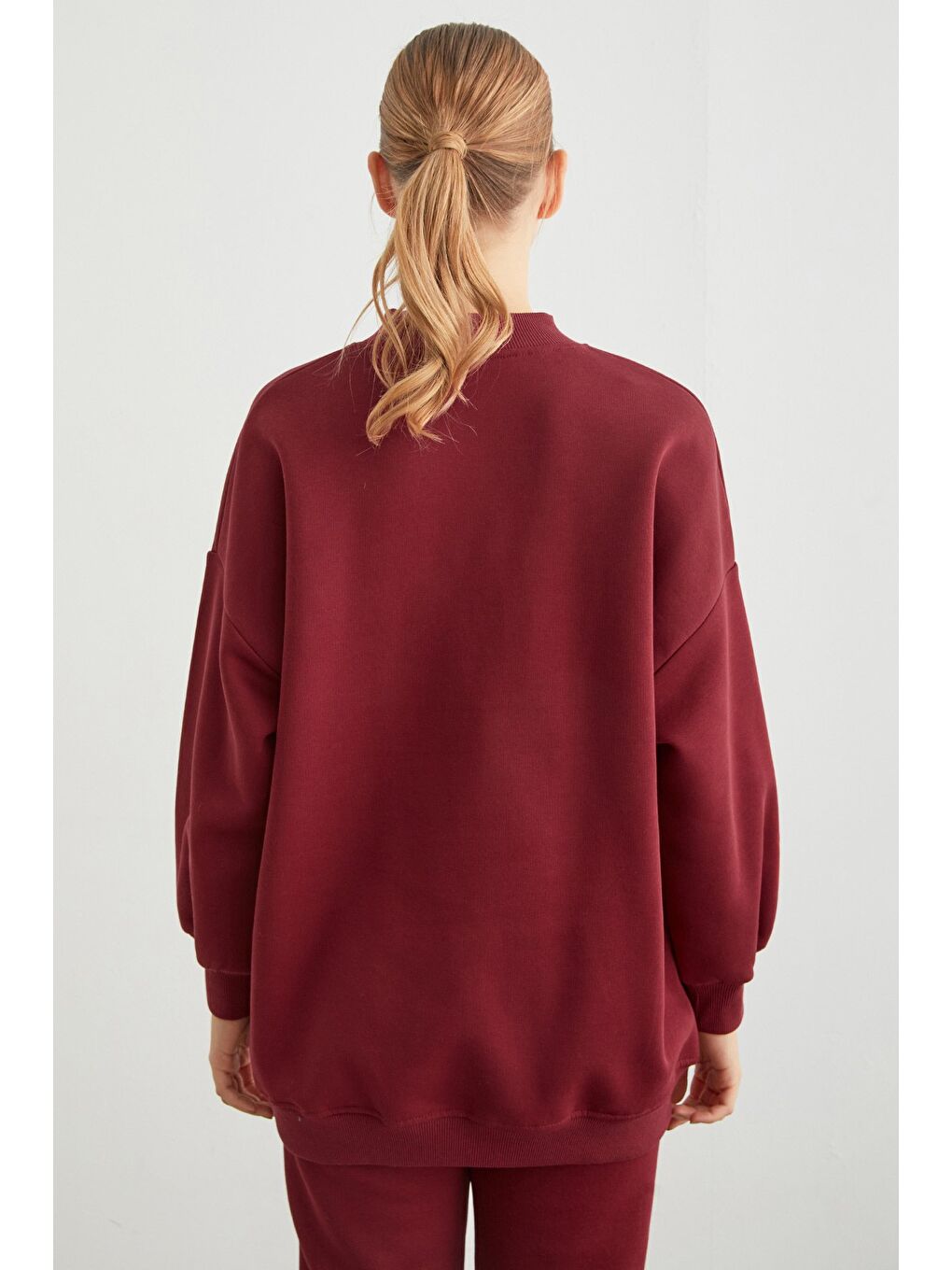 Bordo 3 İplik Kurdele Taş İşlemeli Oversize Sweatshirt-4