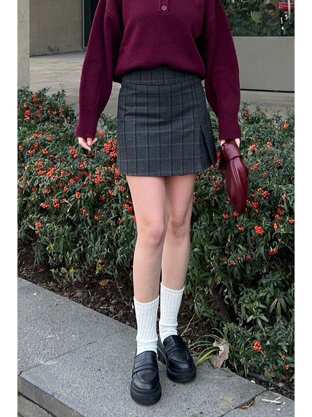 Antrasit Ekoseli Kadın Şort Etek Mg2316-3