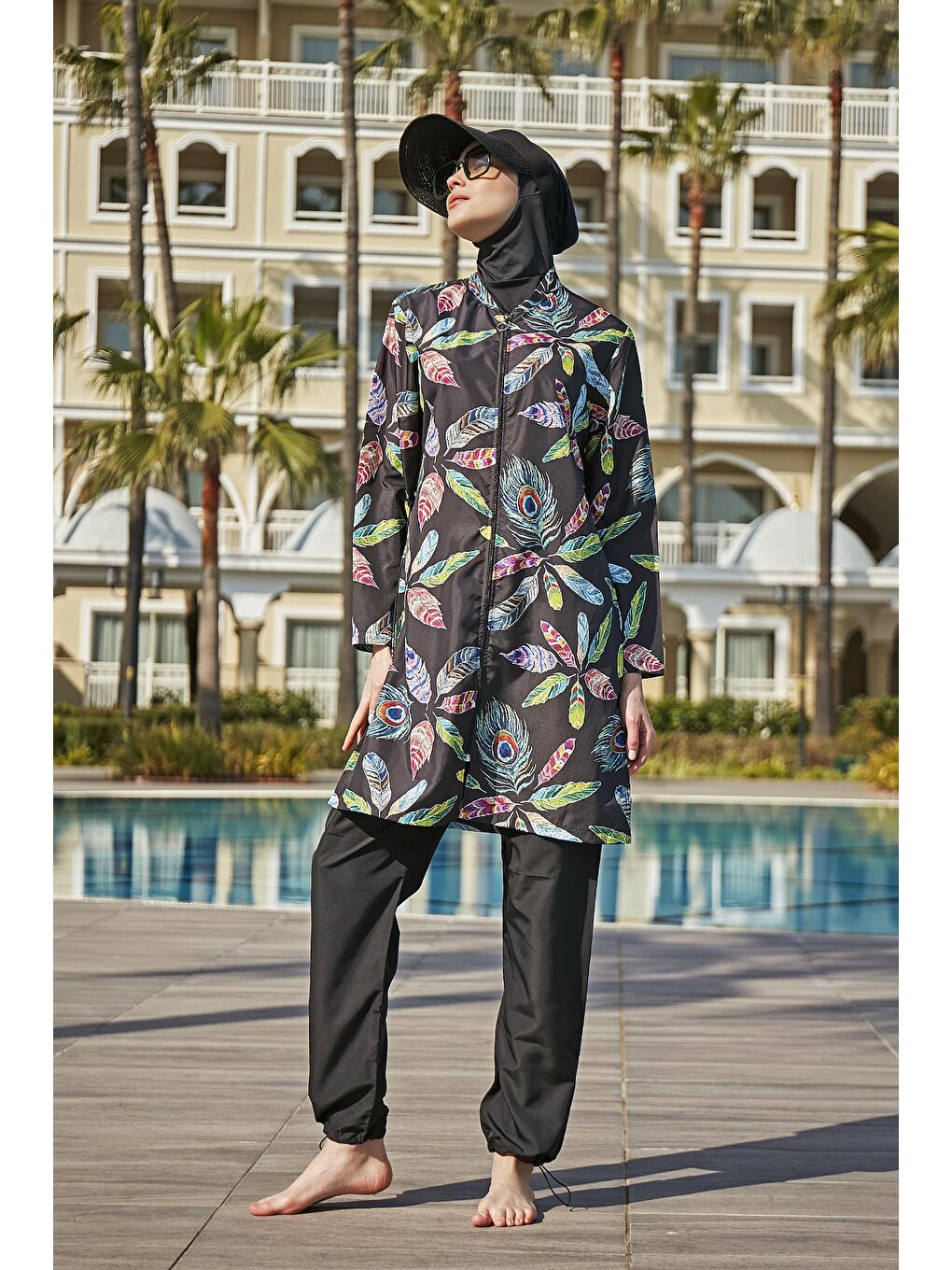 Siyah Paraşüt Tam Kapalı Tesettür Mayo R4602 Yeşil Tavus-2