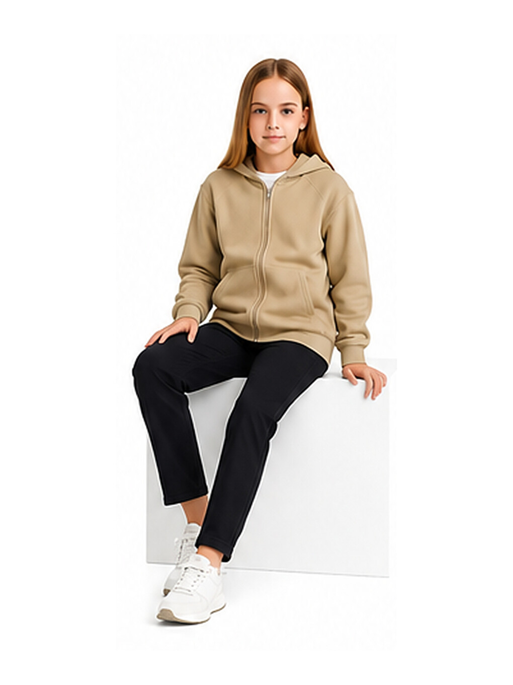 Bej Kız Çocuk Basic Fermuarlı Kalın 3 İplik Kışlık Okul Sweat Ak264495-2