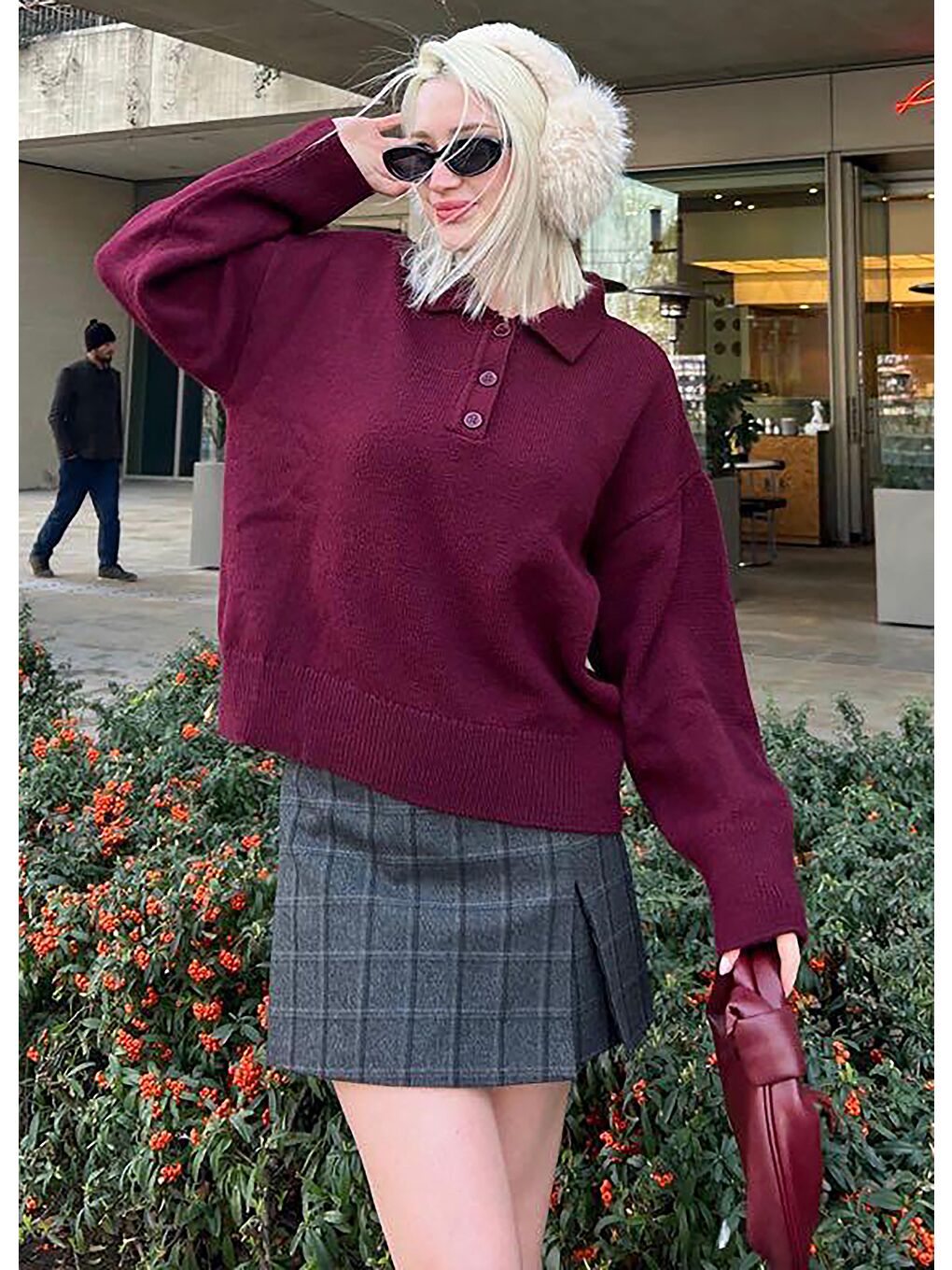 Antrasit Ekoseli Kadın Şort Etek Mg2316-5