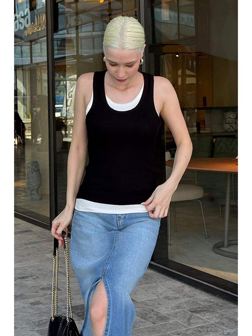 Siyah Çift Kat Görünümlü Kadın Atlet Mg2558-3