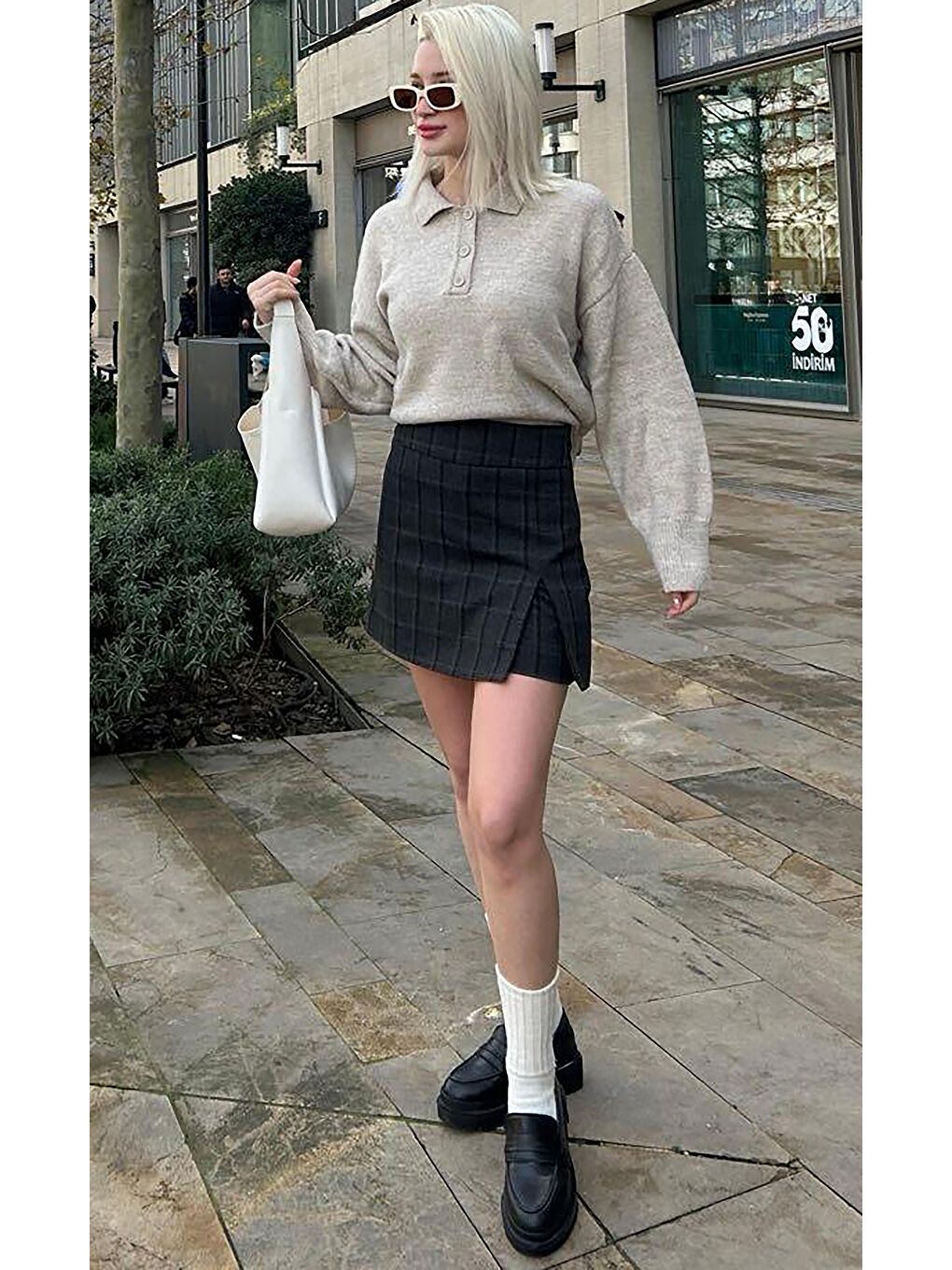 Antrasit Ekoseli Kadın Şort Etek Mg2316-6